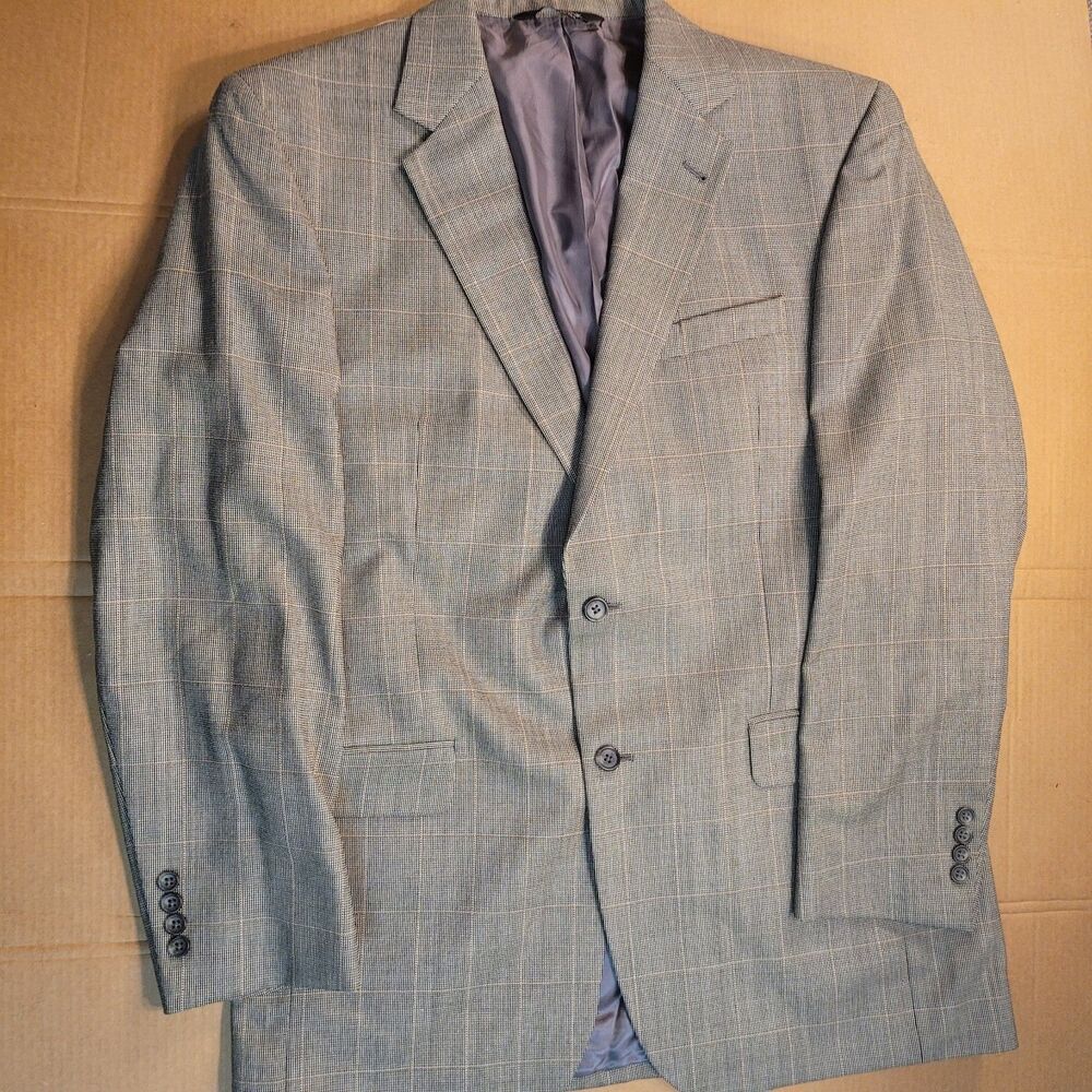 Jos A Bank Gordon Mens Sport Coat Blazer 42L Grey Plaid with Tan Stripes Jacket